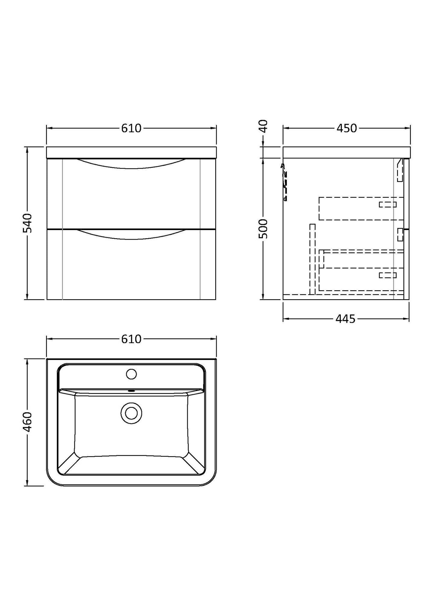 Nuie Lunar 600mm Wall Hung 2 Draw Unit & Ceramic Basin in Multiple Finishes