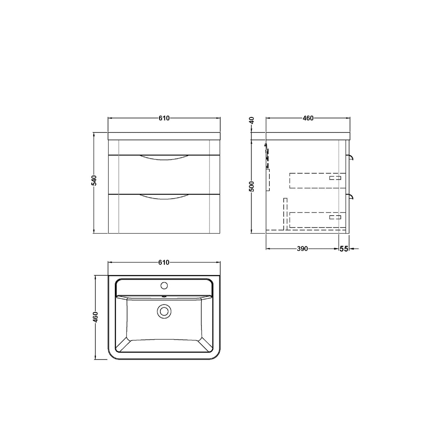 Nuie Parade 600mm Wall Hung Unit and Ceramic Basin in Multiple Finishes